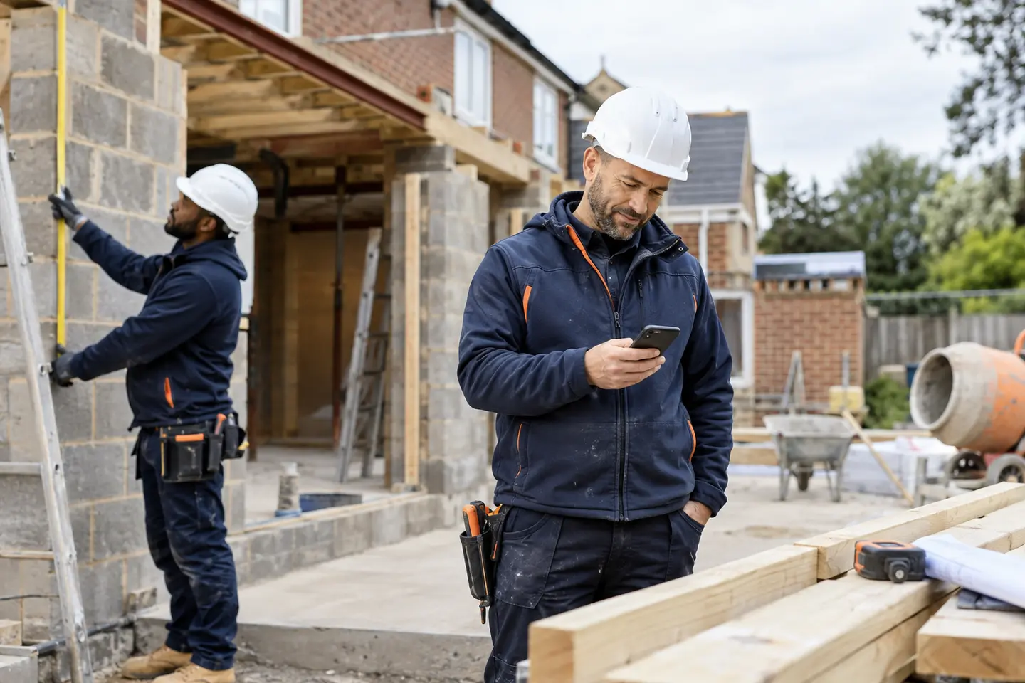Builders coordinating work at a residential extension using a smartphone and measurements